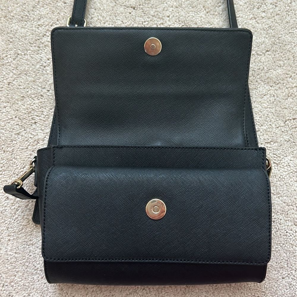 DKNY | Leather Double Flap Crossbody Bag | Black - Picture 11 of 16